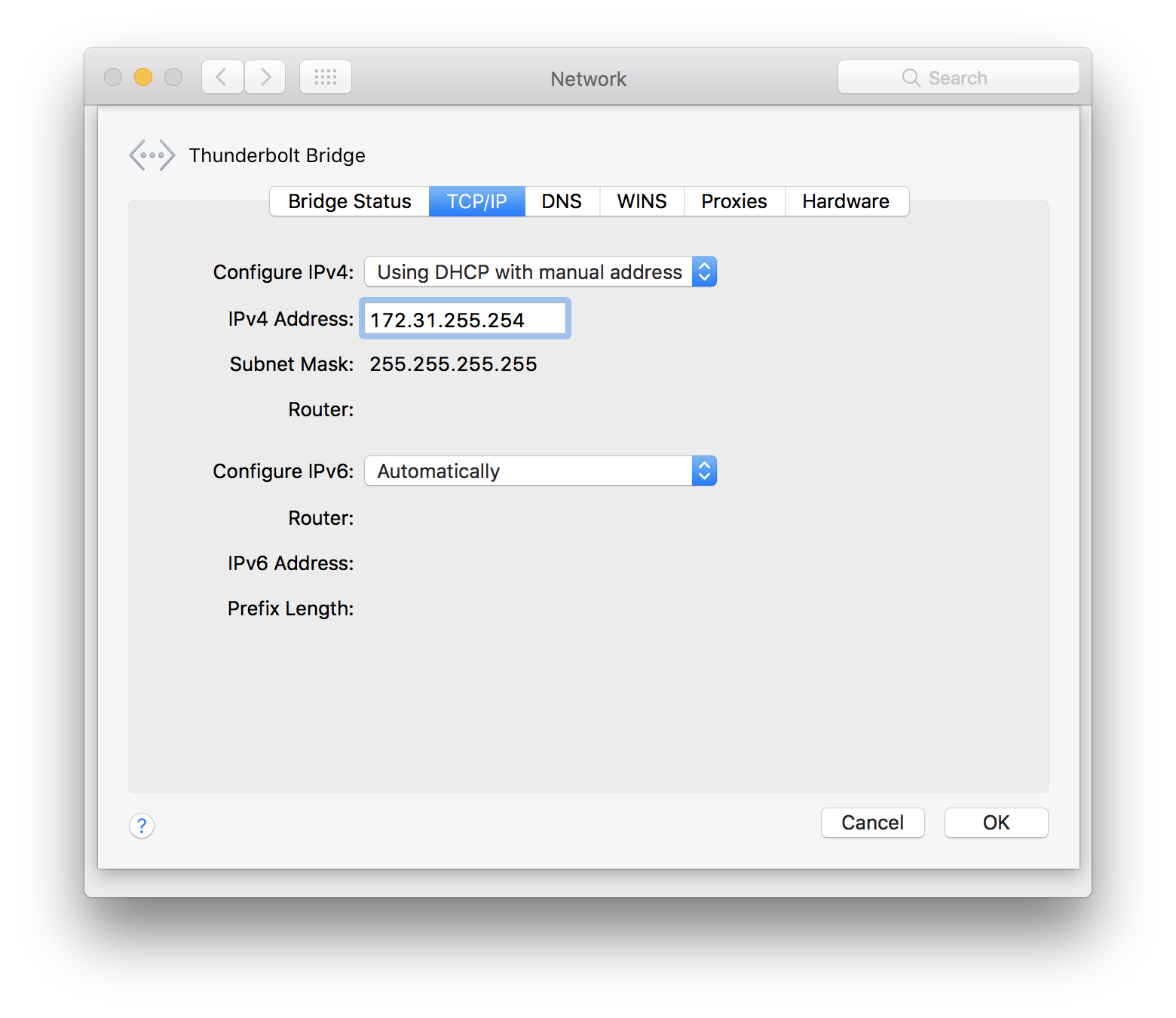 TCP/IP network settings in macOS showing a non-configurable subnet mask of 255.255.255.255