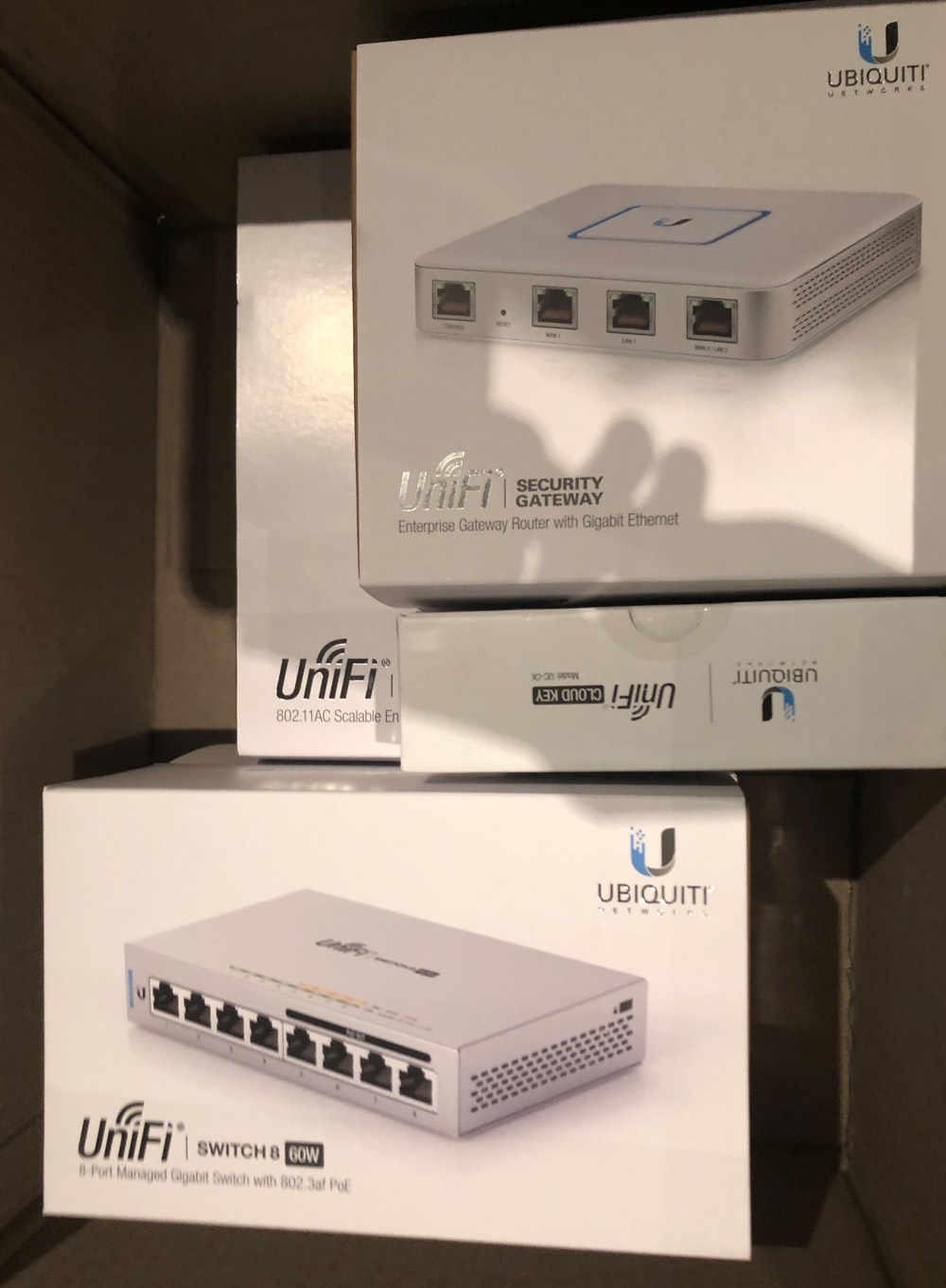 Boxes of Ubiquiti Hardware