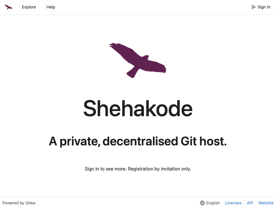 A customised home page for Gitea, showing my site logo, a header that says "Shehakode", followed by in smaller text "A private, decentralised Git host" and "Sign in to see more. Registration by invitation only."