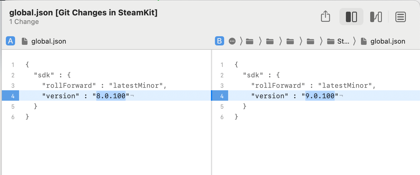 The same diff shown in Kaleidoscope. Here the entire JSON value is highlighted, not only the changed version component.