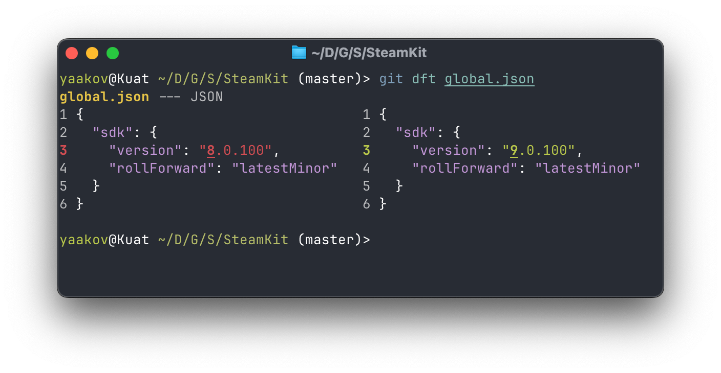 The same diff shown in Difftastic. Here it shows old and new versions side-by-side and highlights the changed JSON value only - red on the left and green on the right. The part of the version number that actually changed - the 8 to a 9 - is in bold and underlined on both sides. 