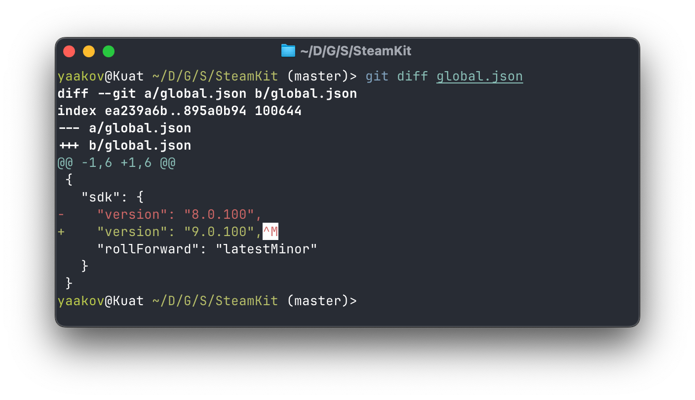 A diff showing a change in the file "global.json" changing a JSON value from "8.0.100" to "9.0.100". The entire line is shown twice, first with the old value in red as a removal, then in green with the new value as an addition.