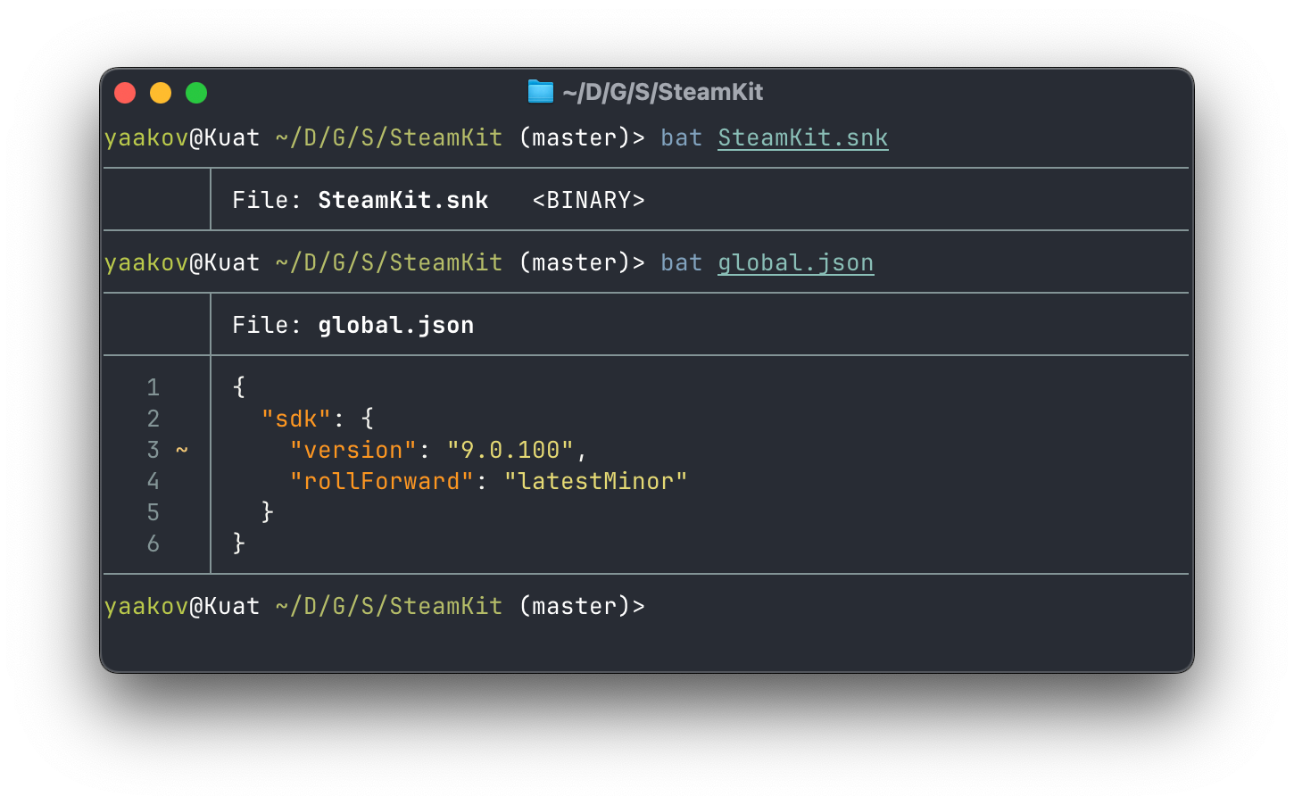 Bat invoked twice. The first time to print a .snk file (a .NET cryptographic strong-naming key) which just shows <BINARY>, and the second time to print a JSON file which has both syntax highlighting as well as line numbers and a line indicator to show pending changes in Git.