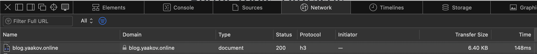 The Web Inspector in Safari showing under the Network tab that the request to blog.yaakov.online was performed with Protocol h3.